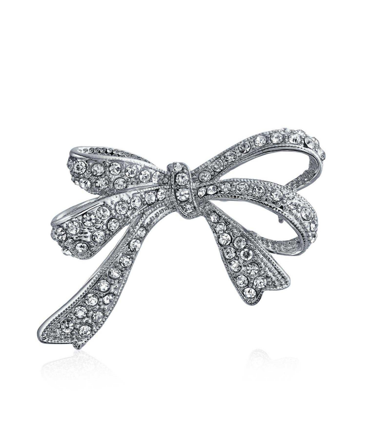 White Crystal Statement Ribbon Bow Brooch Pin Silver Plated - Dark blue