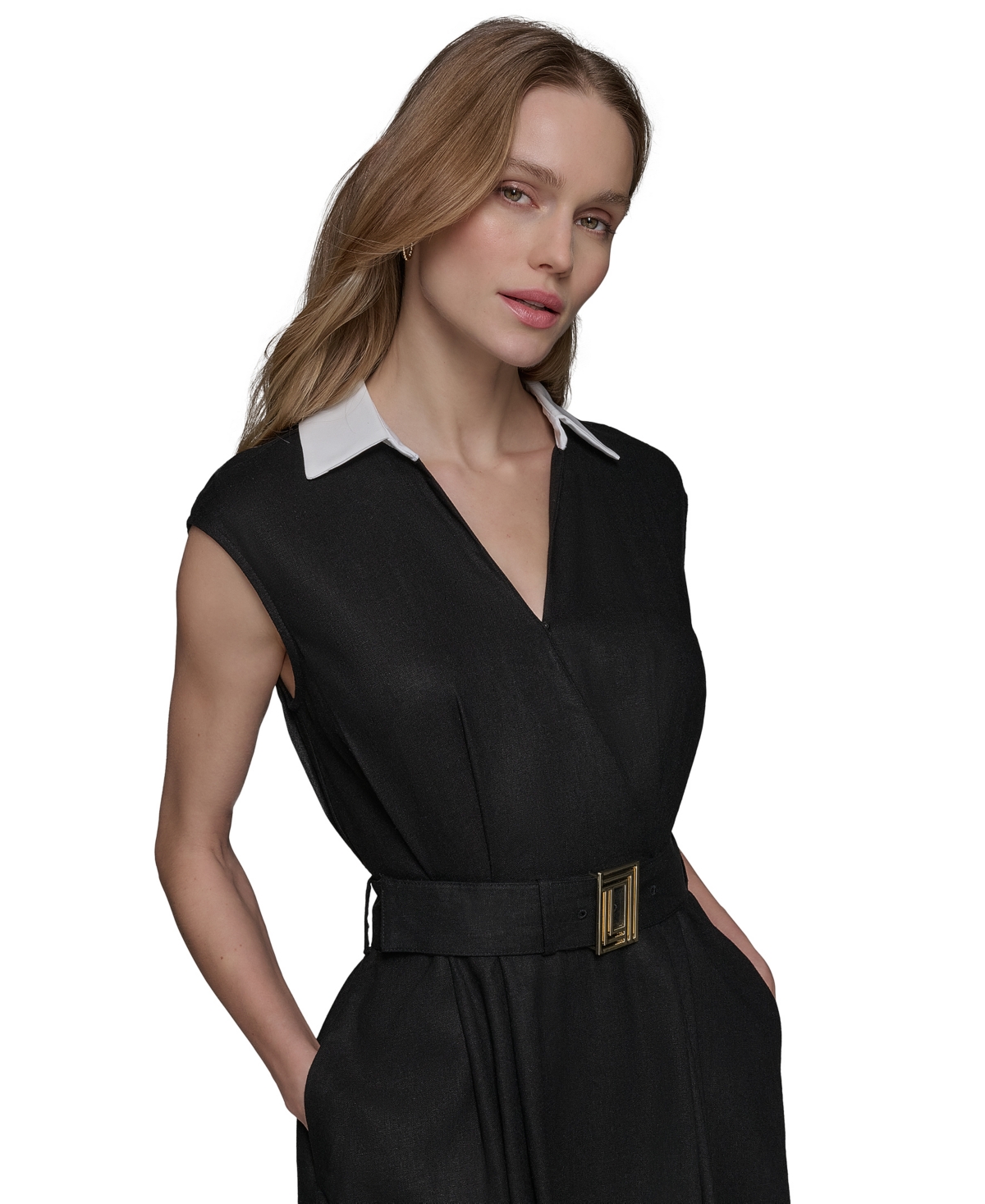 Shop Karl Lagerfeld Women's Belted Short-sleeve Midi Dress In Blk,sft Wt