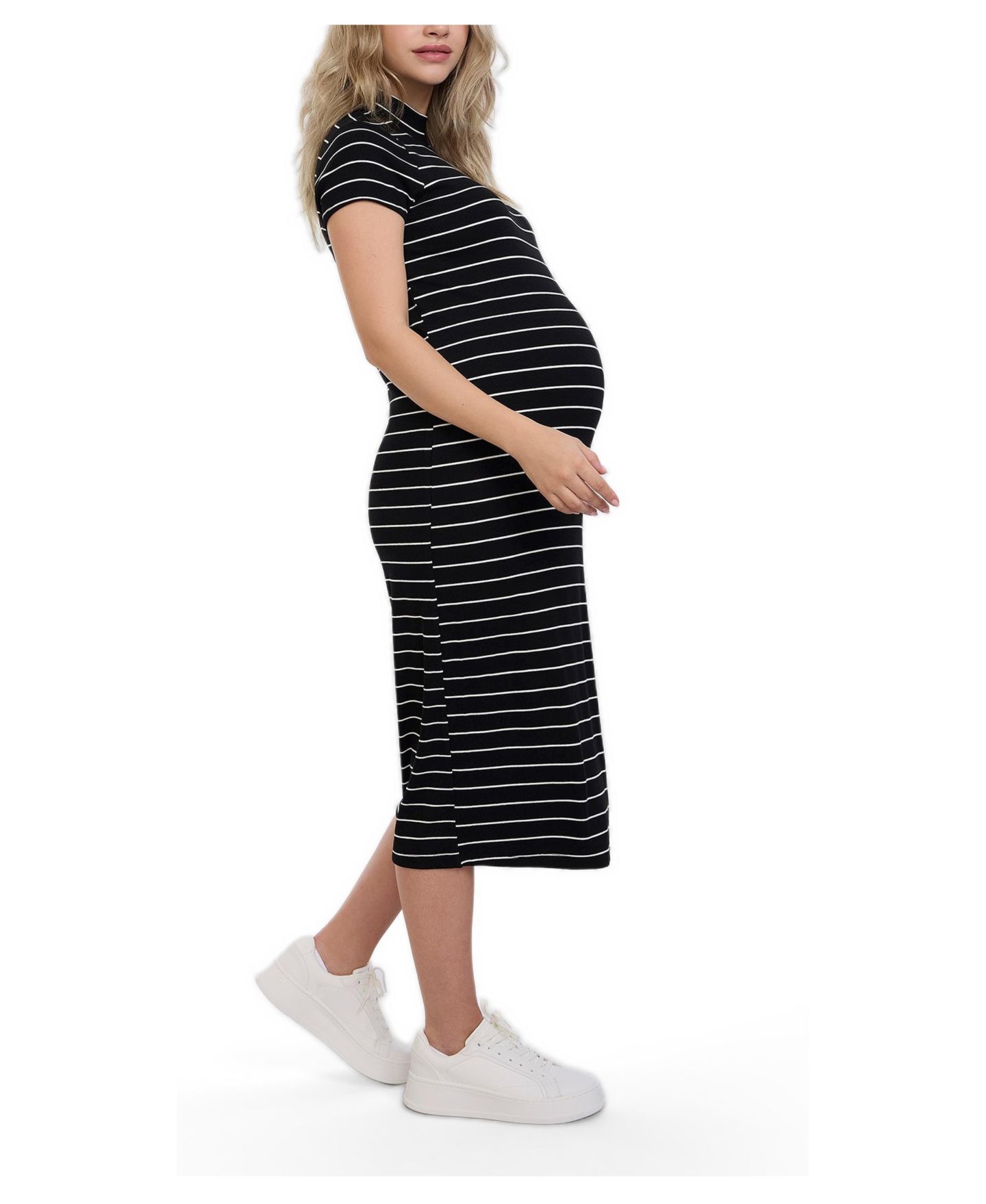 Женское платье Motherhood Maternity Mock Neck Short Sleeve Ribbed Midi Dress - Motherhood, цвет: Чёрный полосатый — фото 3