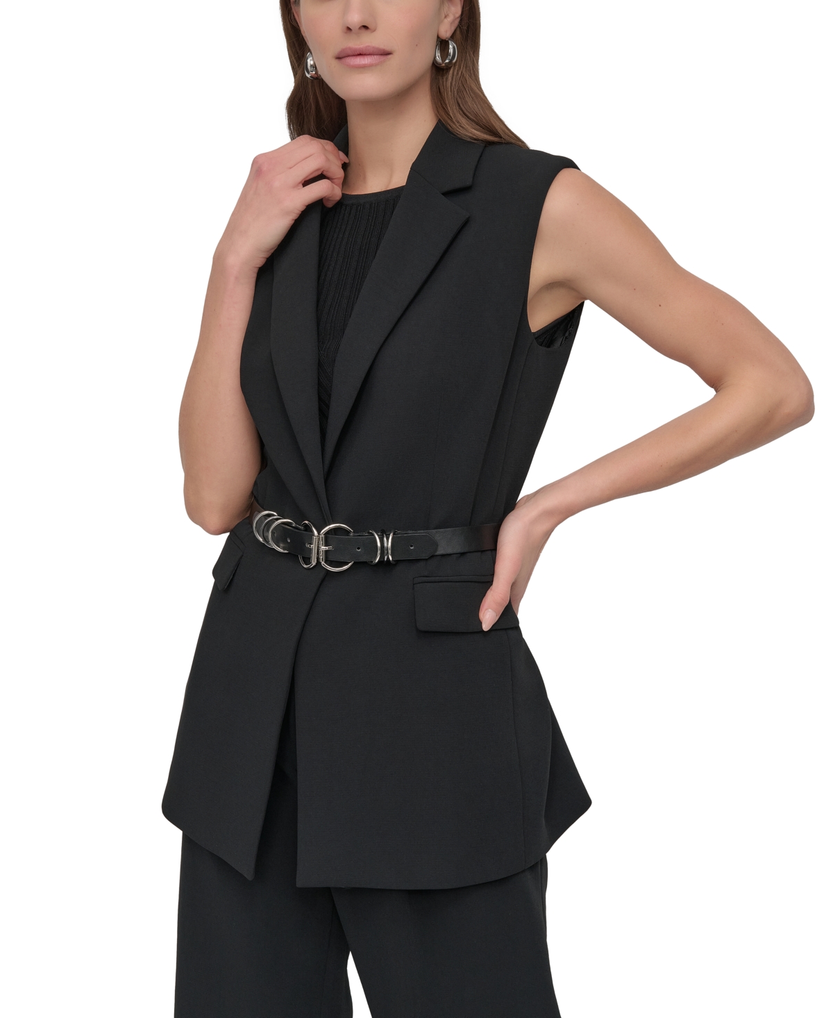 Petites Sleeveless Belted Notch-Collar Vest Jacket - Black