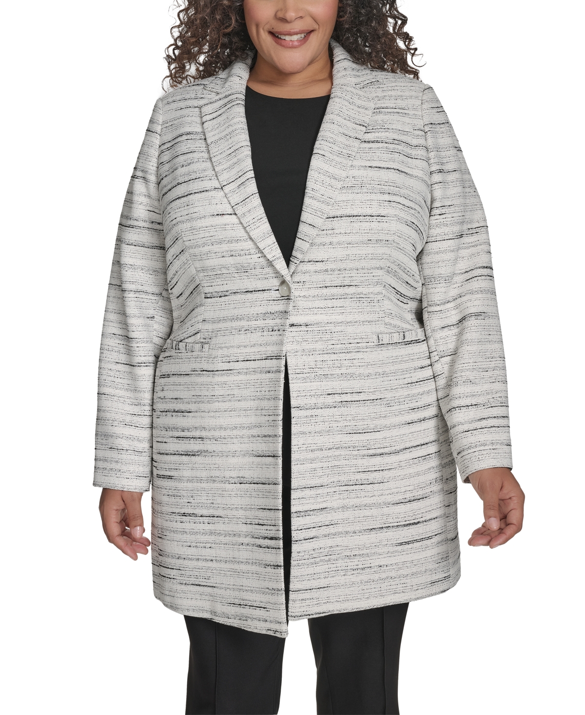Dkny Plus Size Tweed One-button Notch-collar Topper In Ivory,black