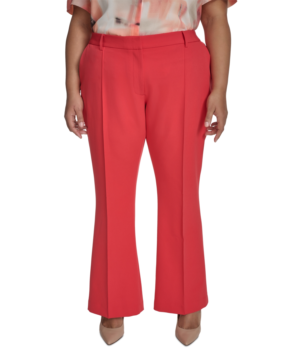 Plus Size Pintuck Mid-Rise Flared-Leg Pants - Watermelon Sugar