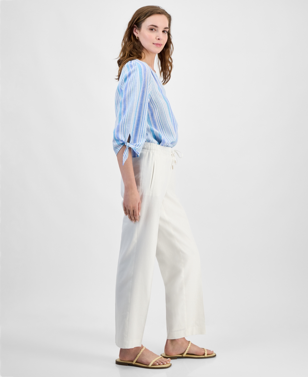 Jones New York Stripe Three Quarter Sleeve Linen Blend V-neck Top In Nyc White