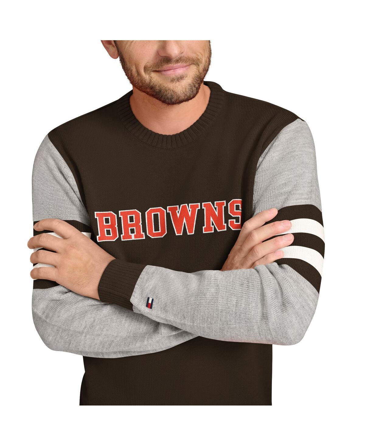 Shop Tommy Hilfiger Men's Brown/heather Gray Cleveland Browns Acrylic Crewneck Pullover Sweatshirt In Brown,heather Gray