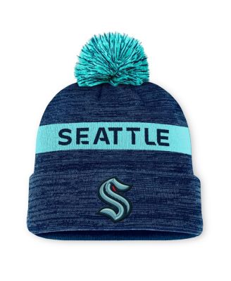 Fanatics - Men's Deep Sea Blue/Light Blue Seattle Kraken Authentic Pro Rink Cuffed Knit Hat with Pom