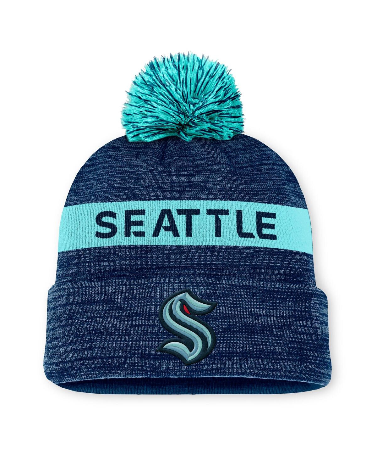Fanatics Men's Deep Sea Blue/light Blue Seattle Kraken Authentic Pro Rink Cuffed With Pom Knit Hat In Navy,light Blue
