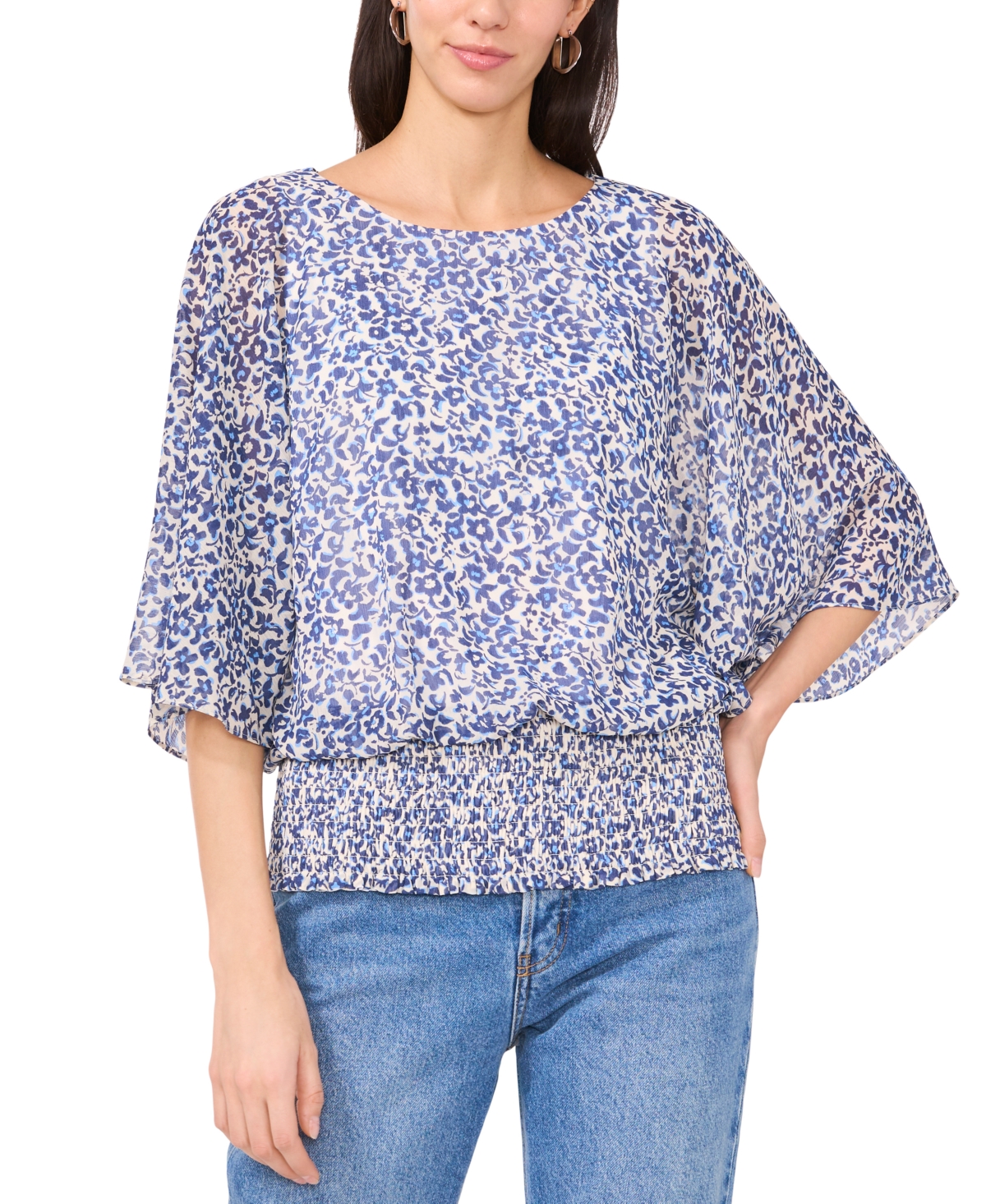 Women's Round-Neck 3/4-Sleeve Smocked-Waist Blouse - Lucent White