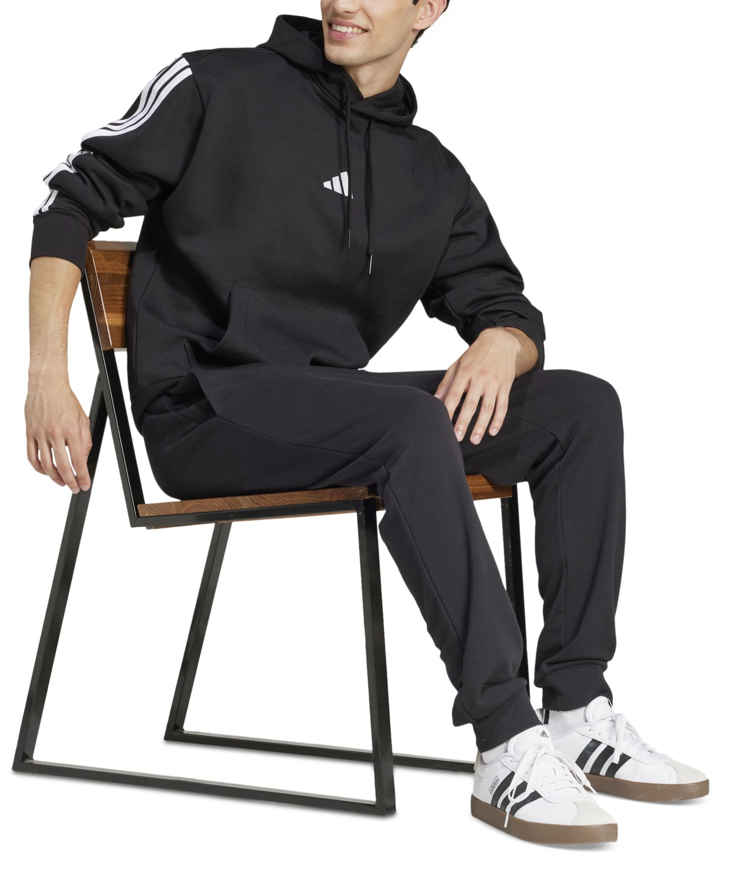 Мужское худи adidas Essential Three-Stripes Fleece, цвет: Чёрный / Белый — фото 2