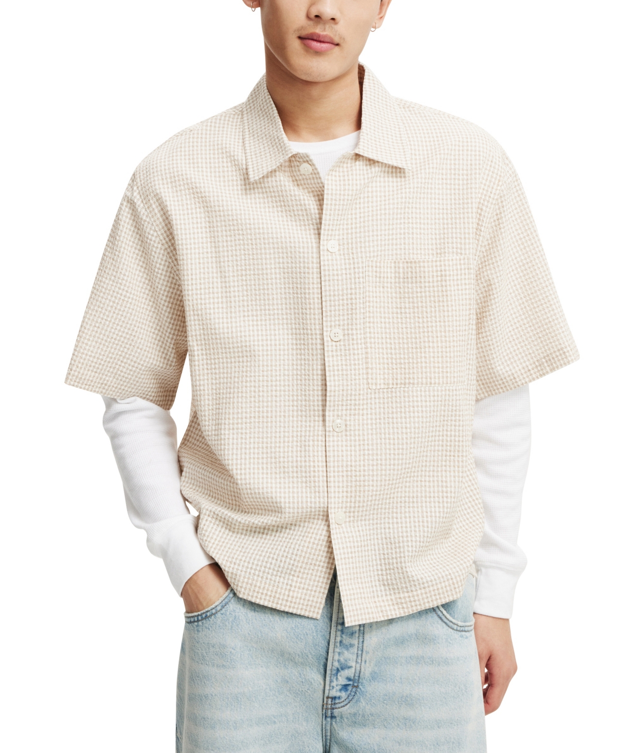 Shop Cotton On Men's Ventura Short Sleeve Shirt In Stone Micro Check