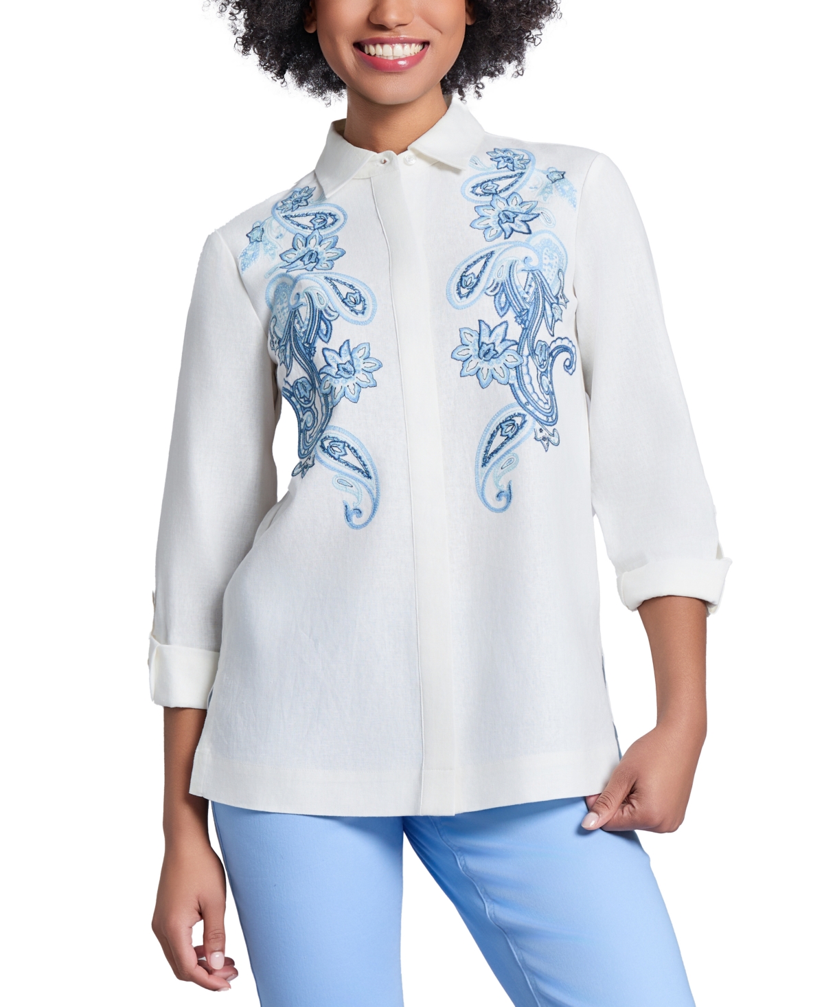 Petite Embroidered Button-Front Shirt - Nyc White
