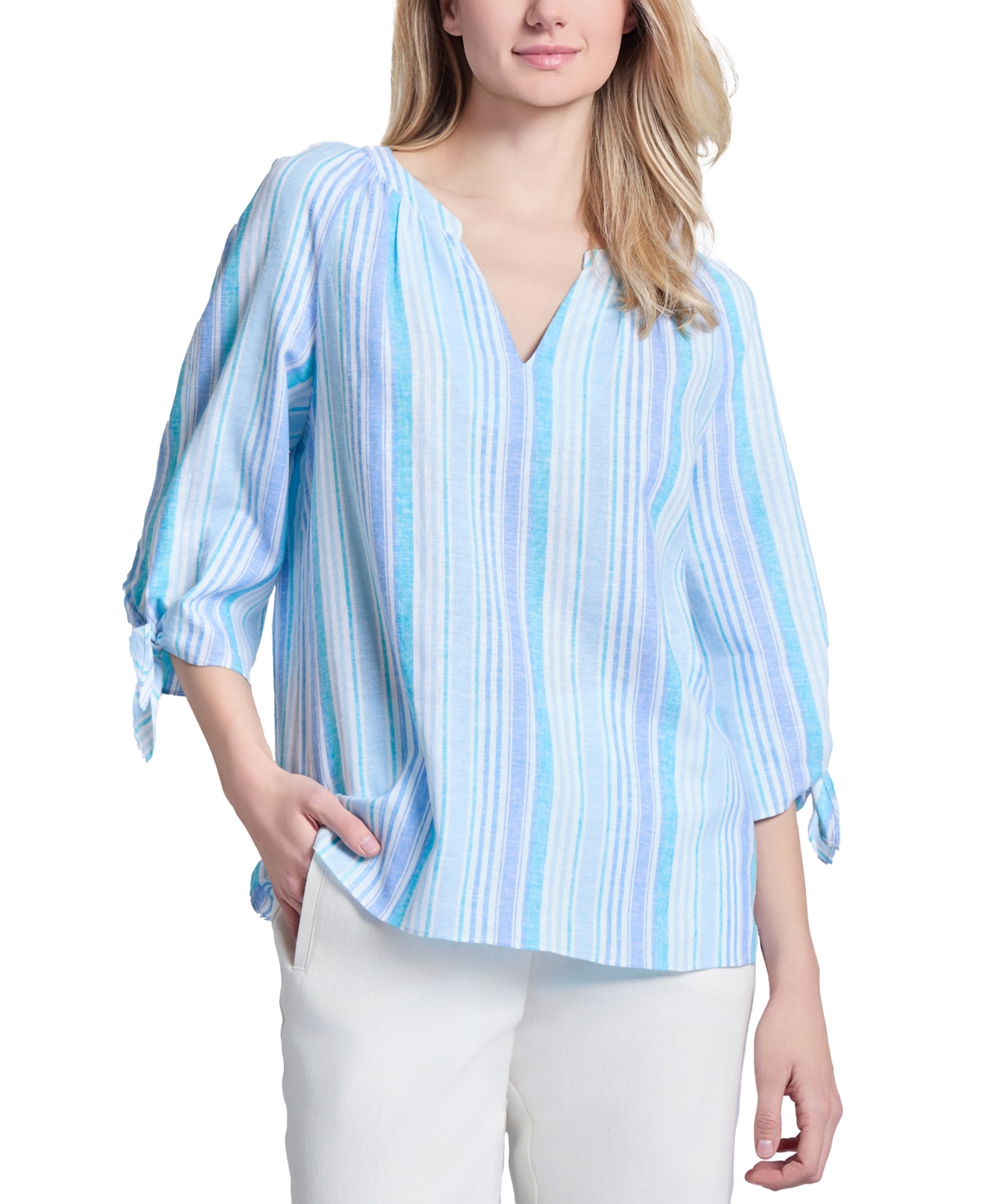 Jones New York Stripe Three Quarter Sleeve Linen Blend V-neck Top In Tbd Multi Stripe