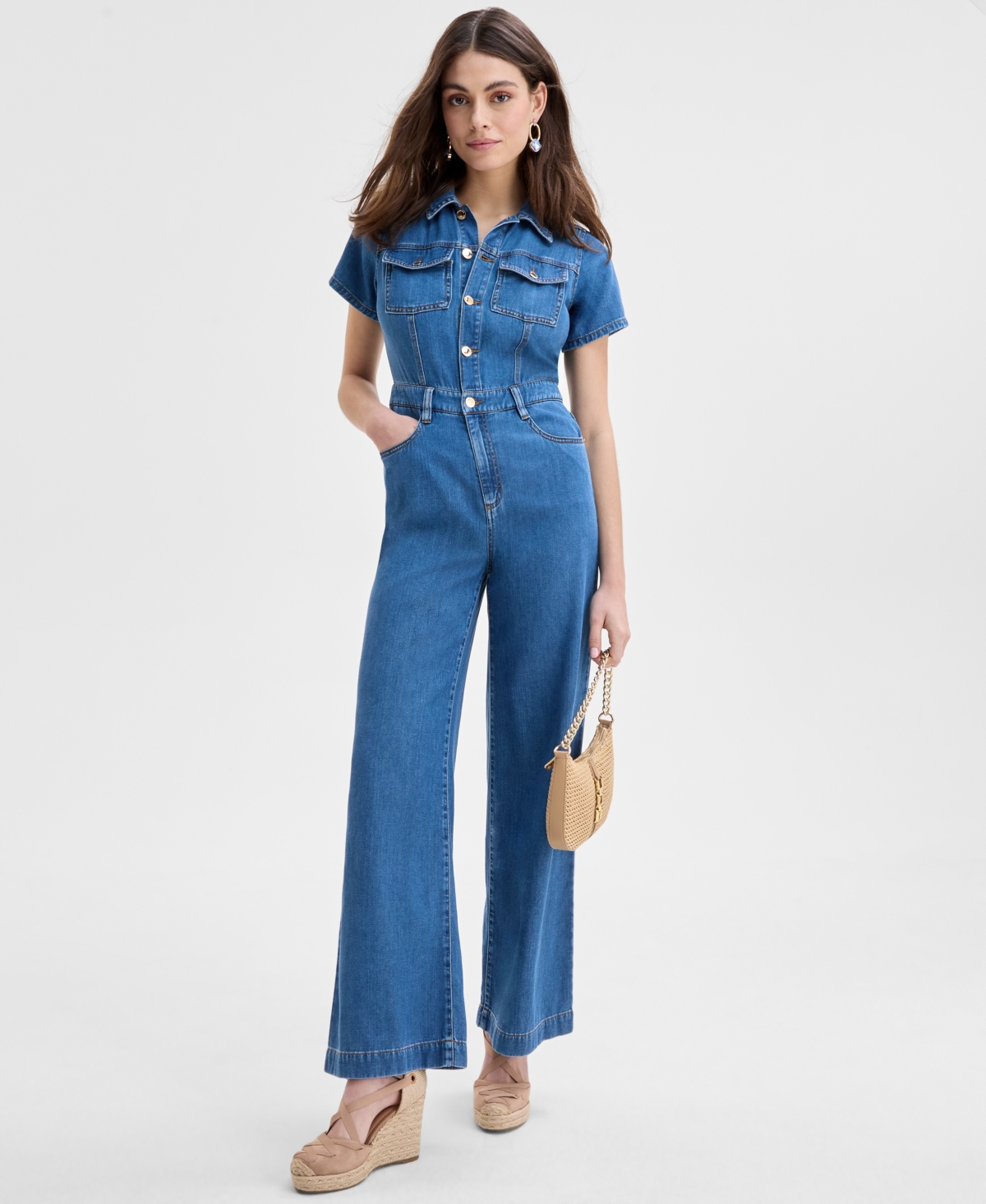 Women's Liquid Denim Jumpsuit, Exclusively at Macy's - Medium Indigo