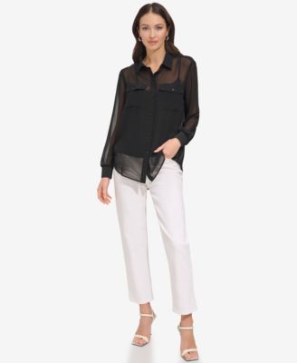 売れ筋商品|||ダナ キャラン ニューヨーク カットソー トップス レディース Women's Button-Down Chiffon Shirt Pebble ダナ キャラン ニューヨーク レディース カットソー トップス