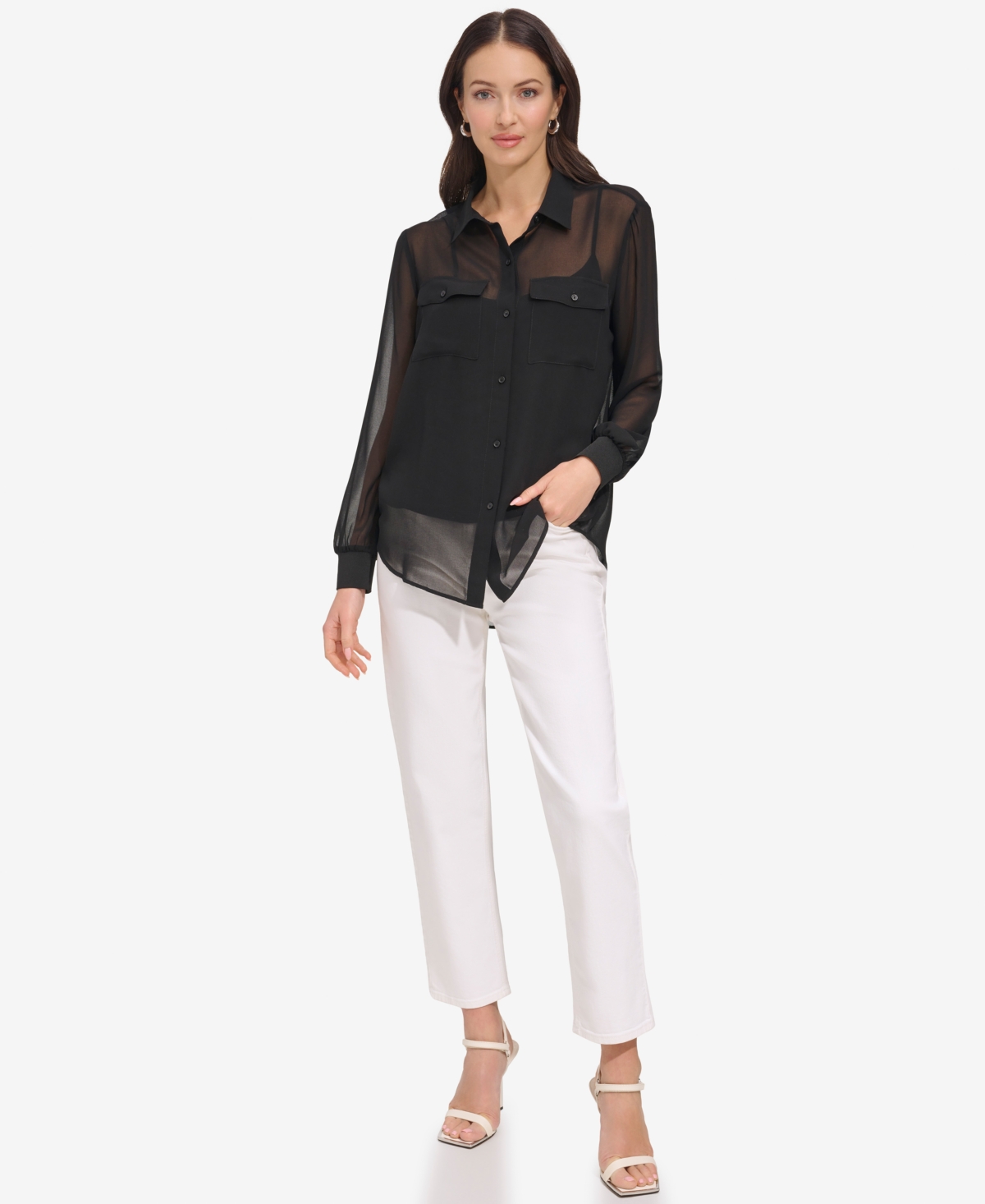 Dkny Chiffon Button-up Shirt In Black