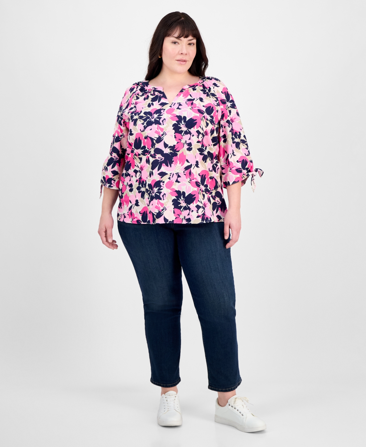 Jones New York Plus Size Floral-print Linen-blend Blouse In Jones White