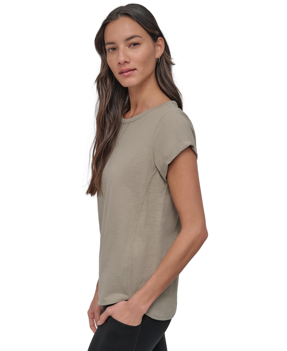 Shop Dkny Sport Women's V-inset Roll-sleeve T-shirt In Vintage Khaki
