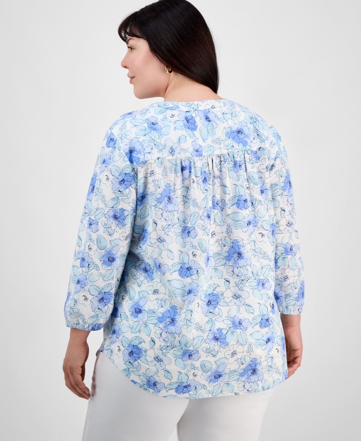 Shop Jones New York Plus Size Floral-print Linen-blend Tunic In Nyc White