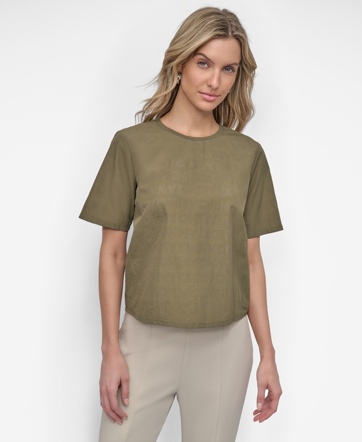 Dkny Peforated Logo Boxy Nylon T-shirt In Utility Green