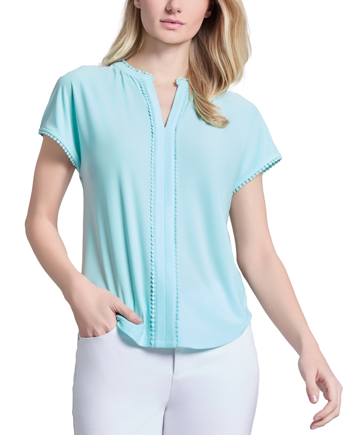 Women's Split-Neck Short-Sleeve Henley Top - Aqua Mist