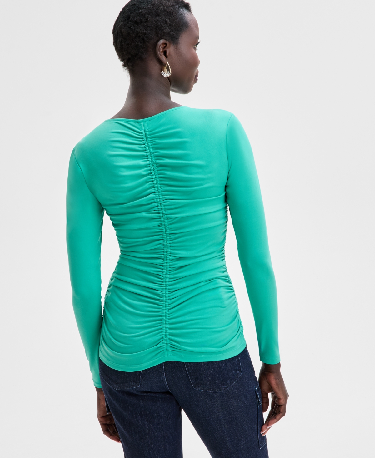 Inc International Concepts Ruched Long Sleeve Top Flared Leg Jeans Mesh Hobo Bag Hardware Detail Flats Exclusively At Macys In Winter Garden