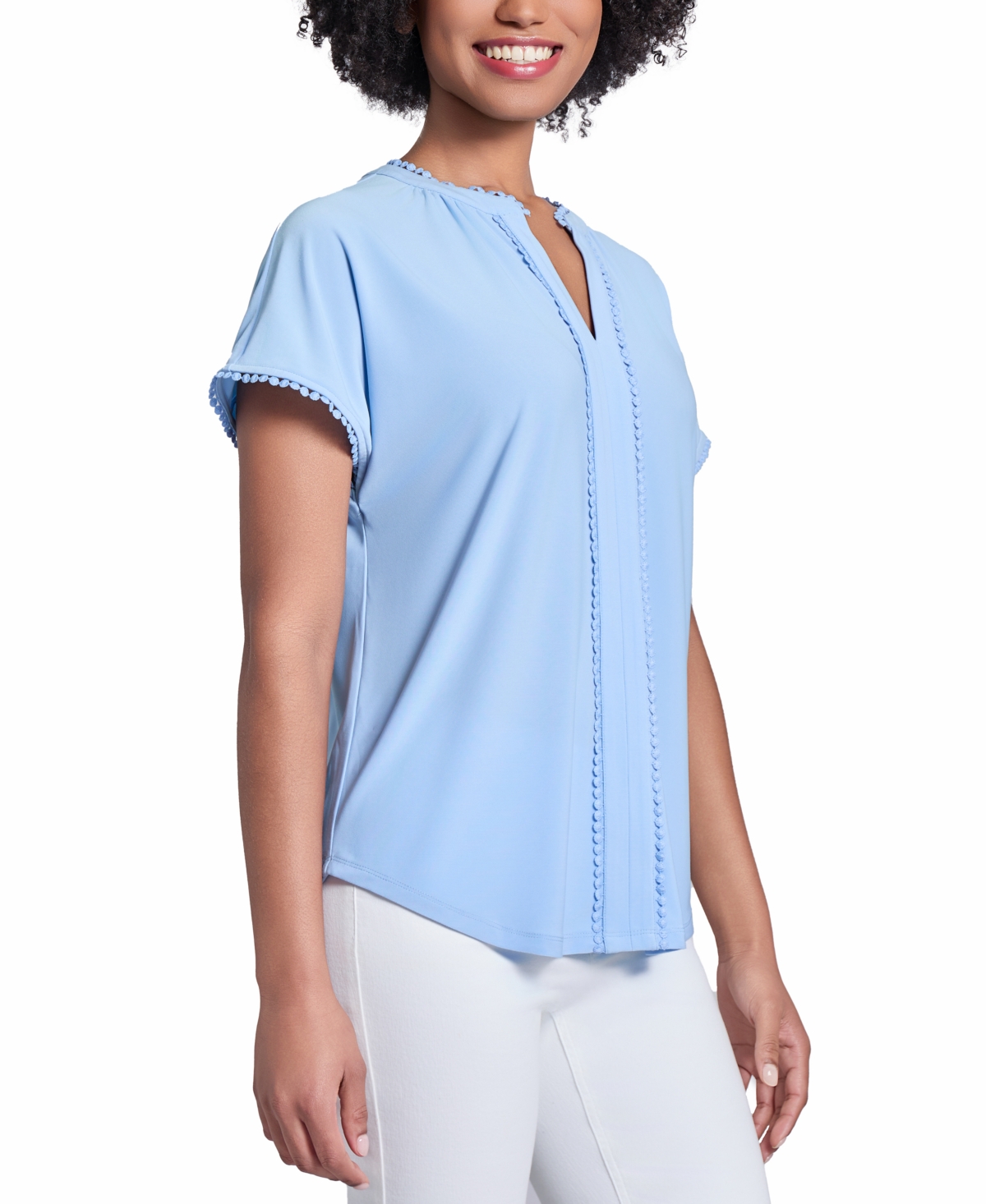 Jones New York Lace Trim Split Neck Top In Chintz Blue