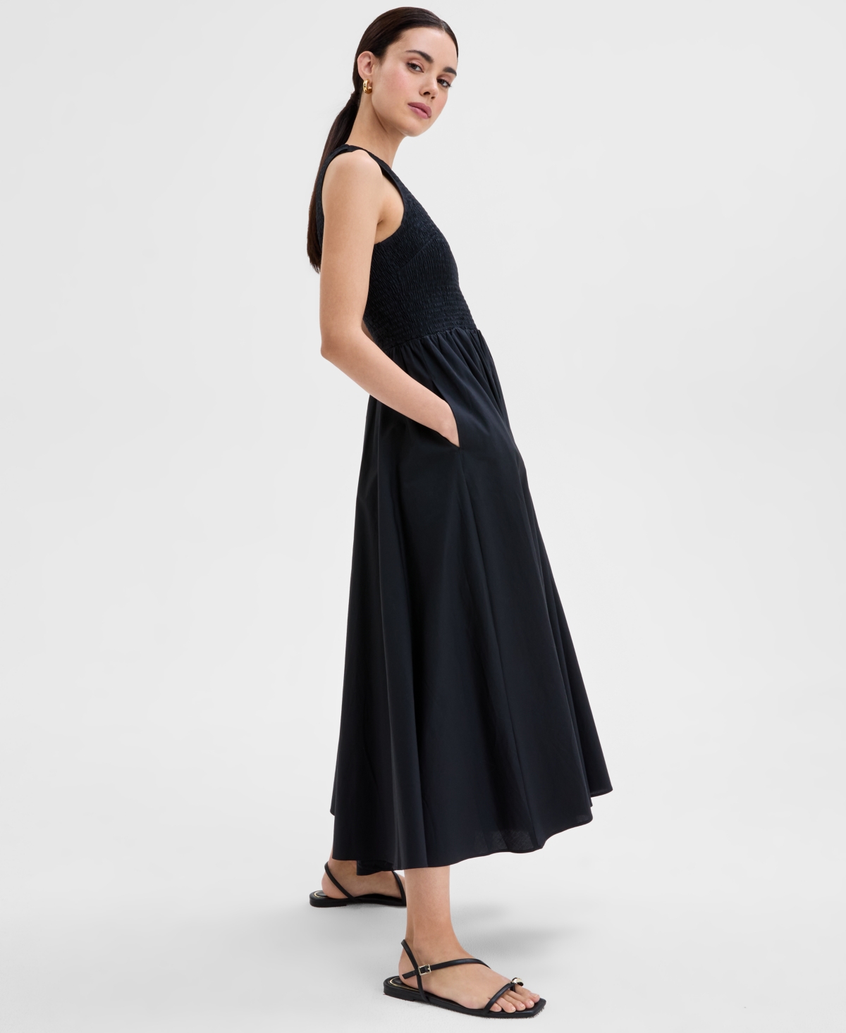 Inc International Concepts Women's Cotton Sleeveless Smocked Maxi Dress, Exclusively For Macy's In Deep Black