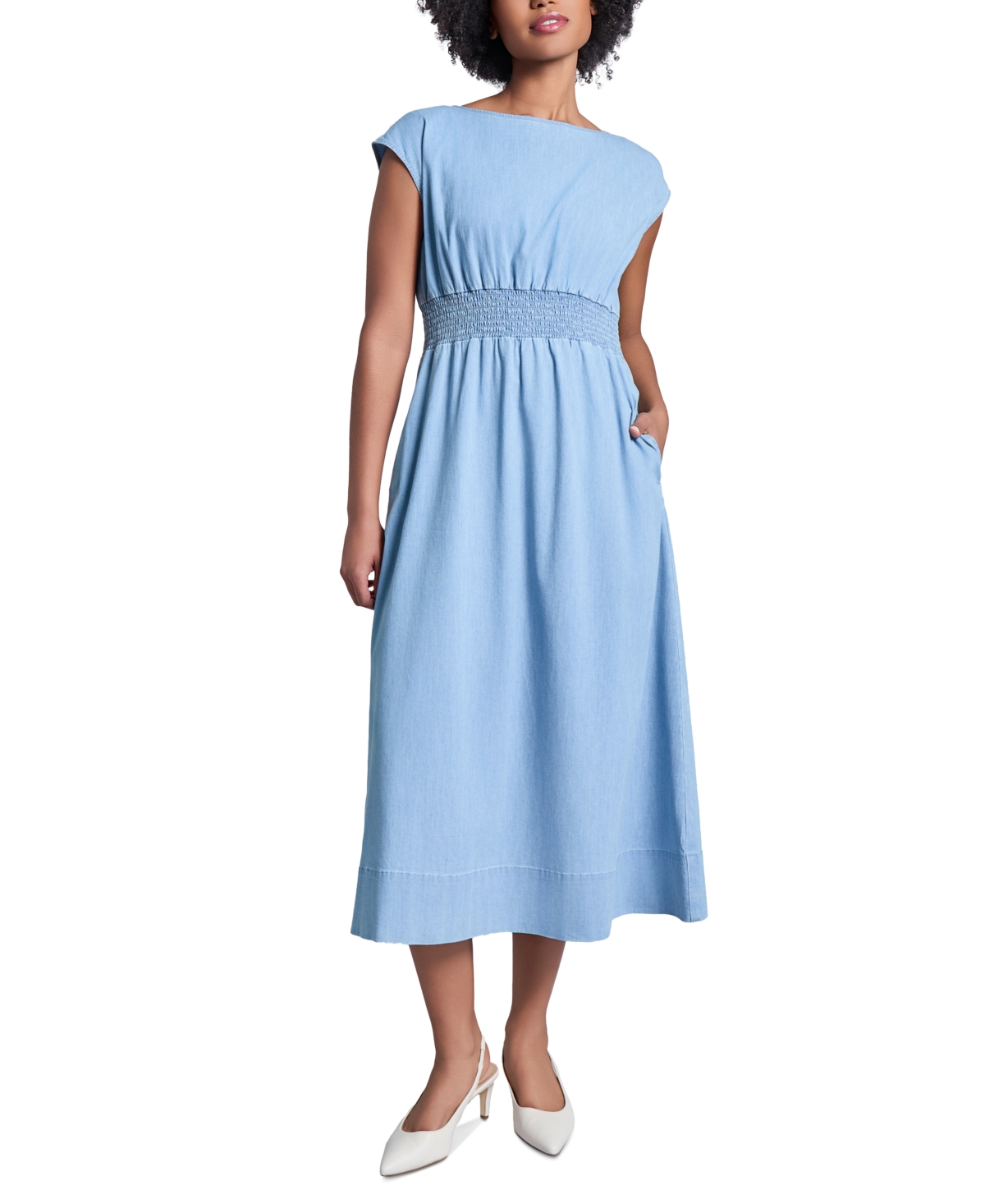 Women's Smocked-Waist Midi Dress - Pale Wash