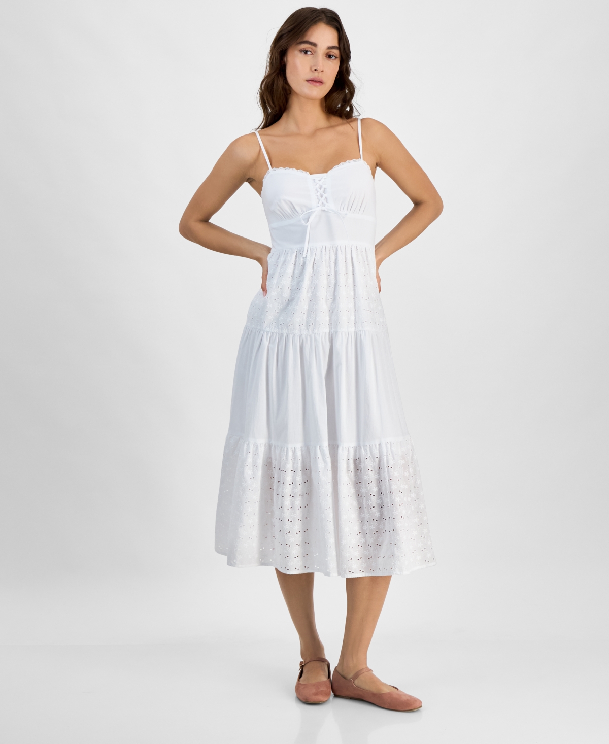 Juniors' Eyelet Lace-Up Midi Dress - Snow White