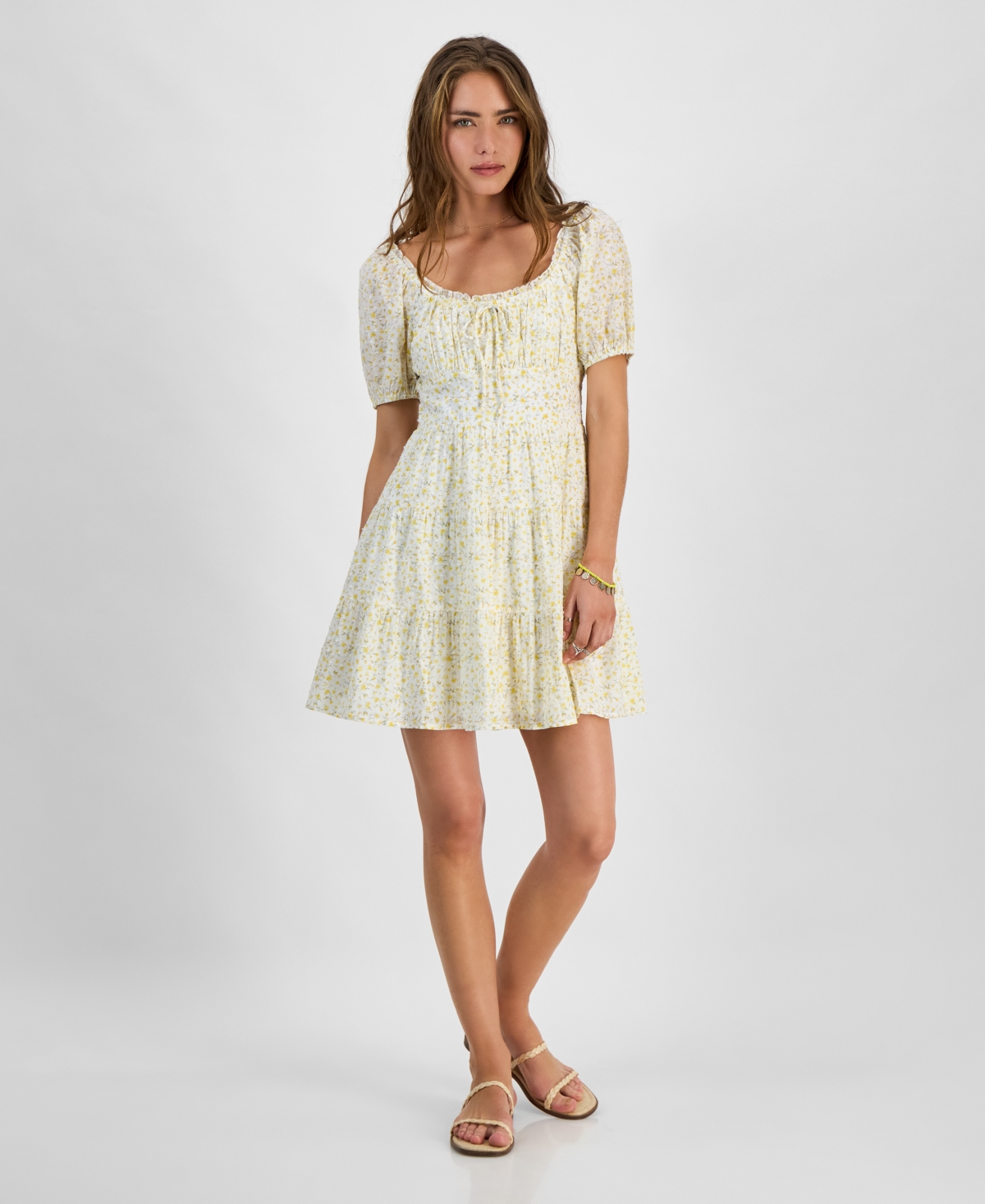 KINGSTON GREY JUNIORS' FLORAL-PRINT COTTON PUFF-SLEEVE MINI DRESS 