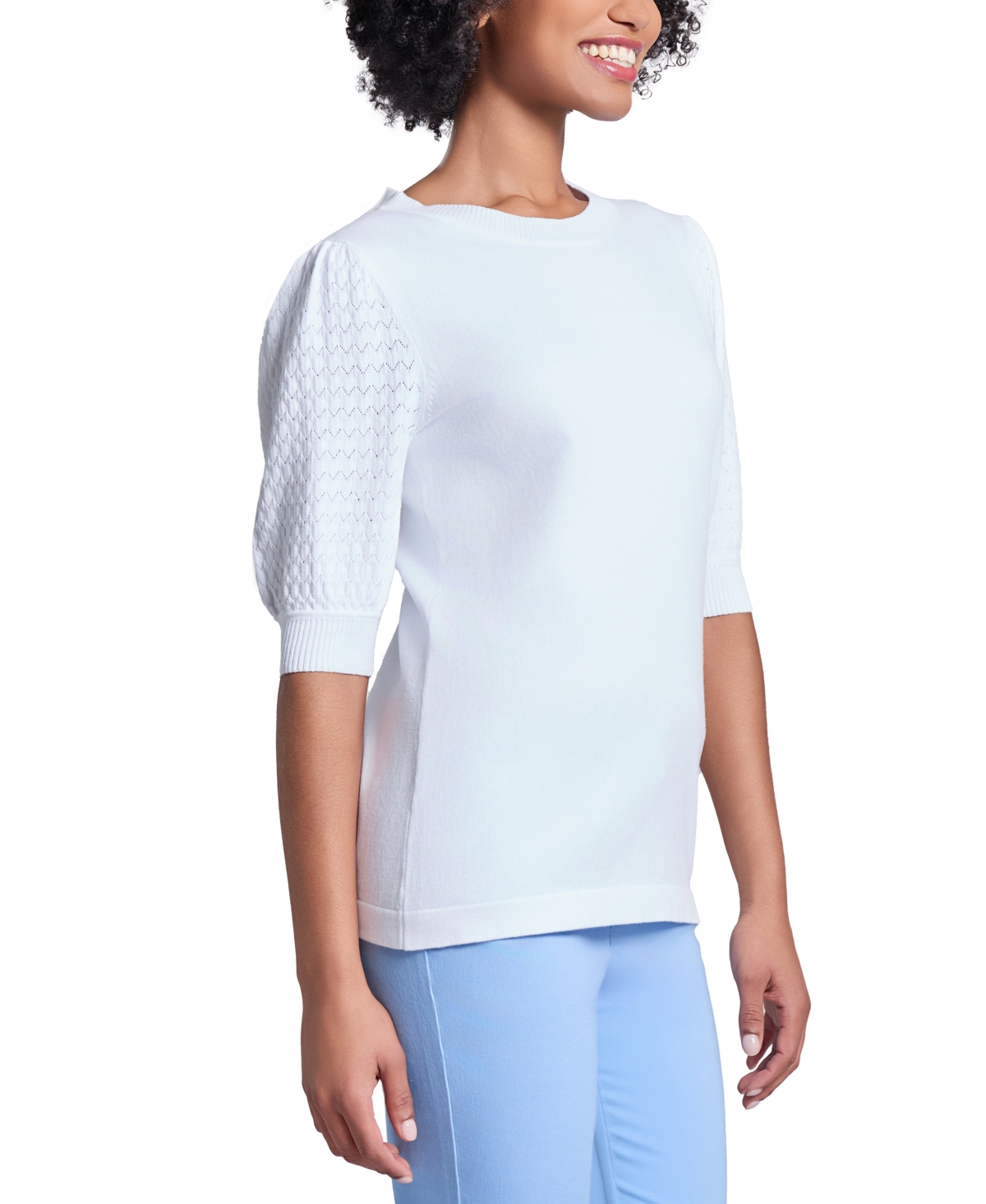Jones New York Women's Stitch Puff Sleeve Crewneck Sweater In Nyc White