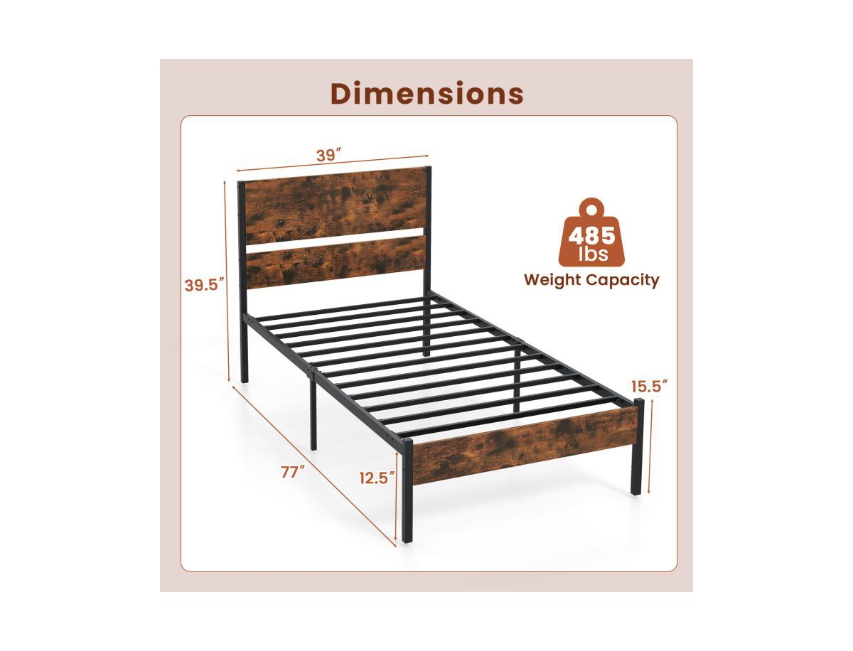 Metal Bed Frame with Wooden Headboard and Footboard