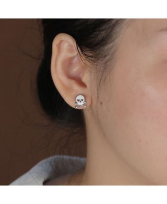 Whimsical Heart Eyes Pirate Skull & Crossbones Stud Earrings Sterling Silver