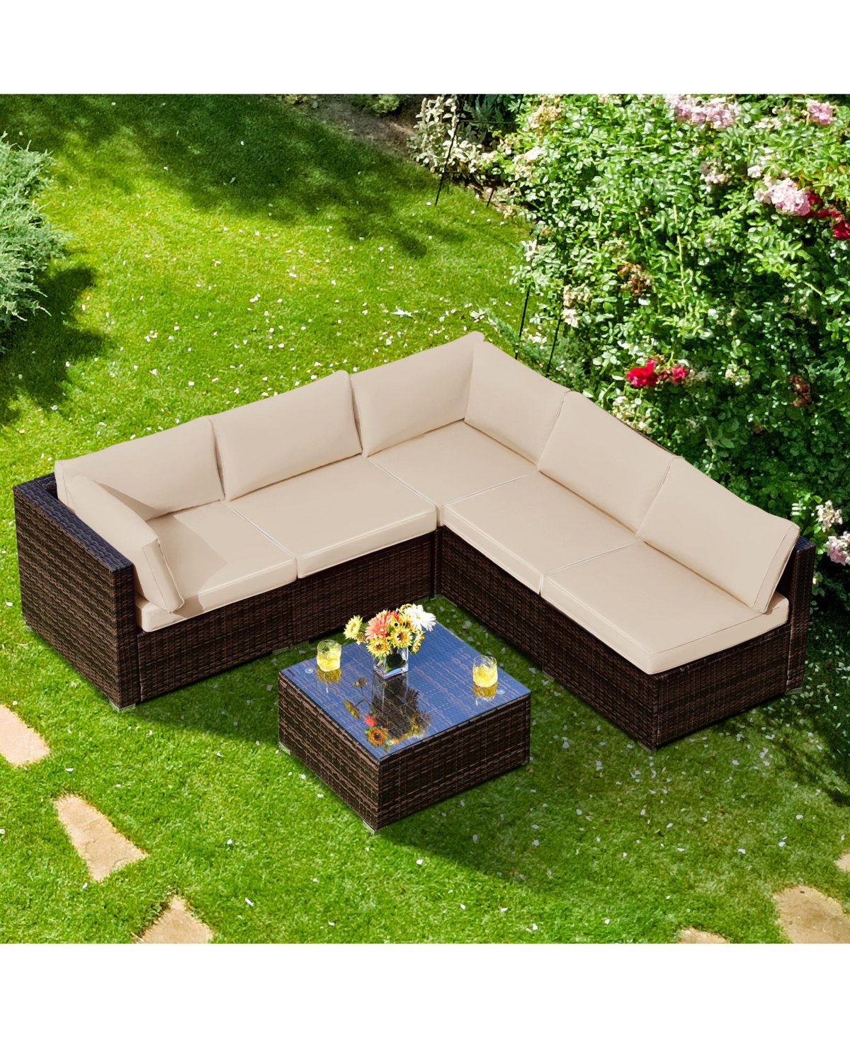 6 Pieces Patio Rattan Furniture Set with Cushions and Glass Coffee Table