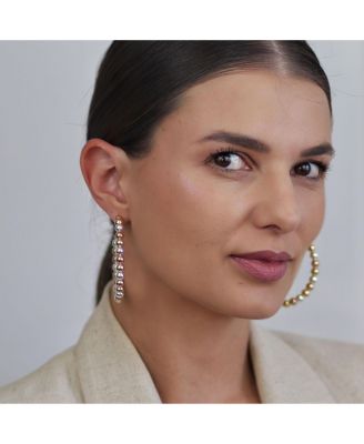 Tri Color Bead Hoop Huggie Earrings Gold Plated 2.2 Inch Latch Back Closure