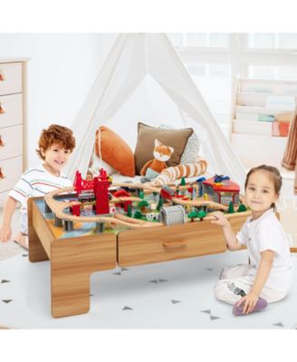 Kids Double-Sided Wooden Train Table Playset with Storage Drawer