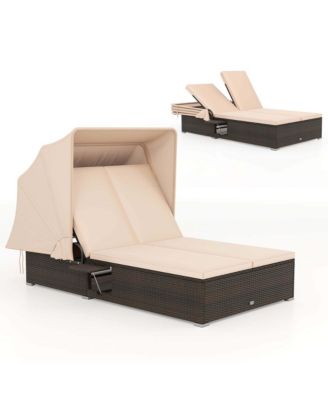 2-person Rattan Lounge Bed with Retractable Canopy 5-position Adjustable Backrest