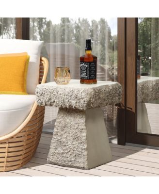 Rock Square Outdoor Side Table, 18 Inch Cement Side Table for Patio, Small Concrete Accent End Table for Living Room, Balcony, Vintage Outside Coffee Table Indoor and Outdoor