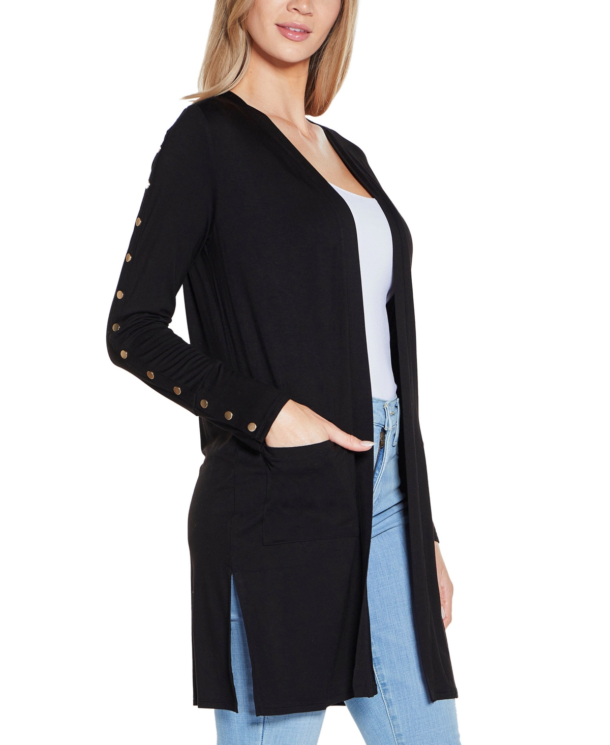 Belldini Women's Embellished Sleeve Knit Open Cardigan Top In Black