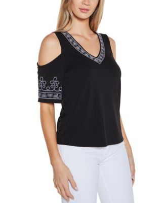 Women's Embroidered Cold-Shoulder Knit Top