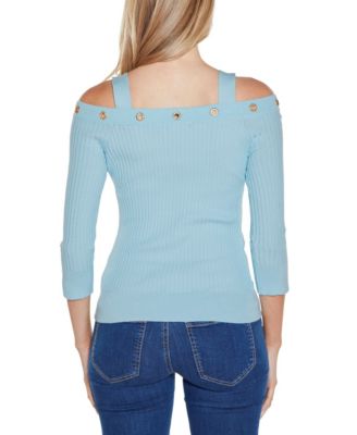 Women's Rhinestone Grommet Cold-Shoulder Sweater