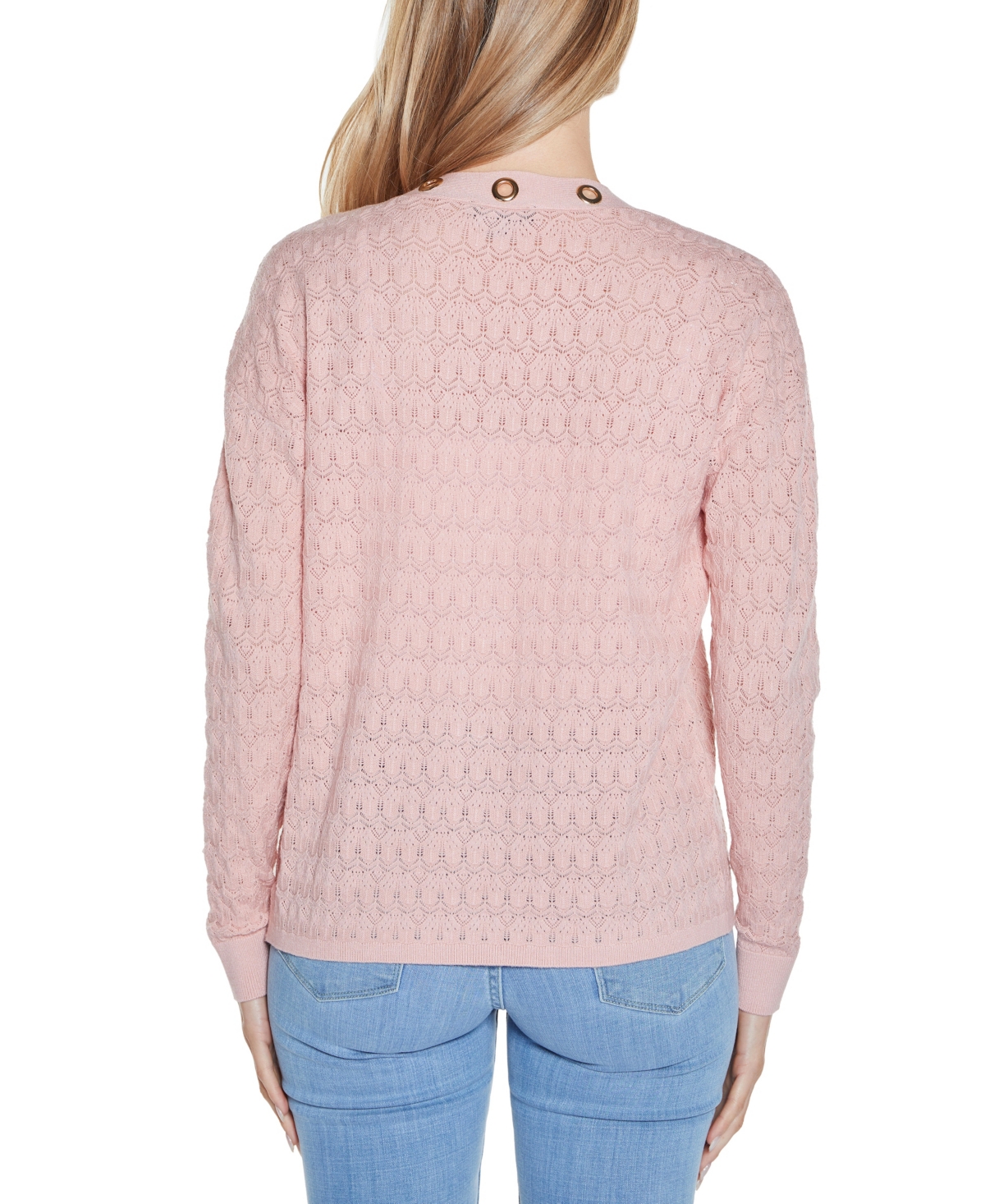 Belldini Women's Pointelle And Grommet Open Cardigan Sweater In Smokey Rose