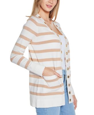 Women's Rhinestone Grommet Striped Open-Front Cardigan Sweater