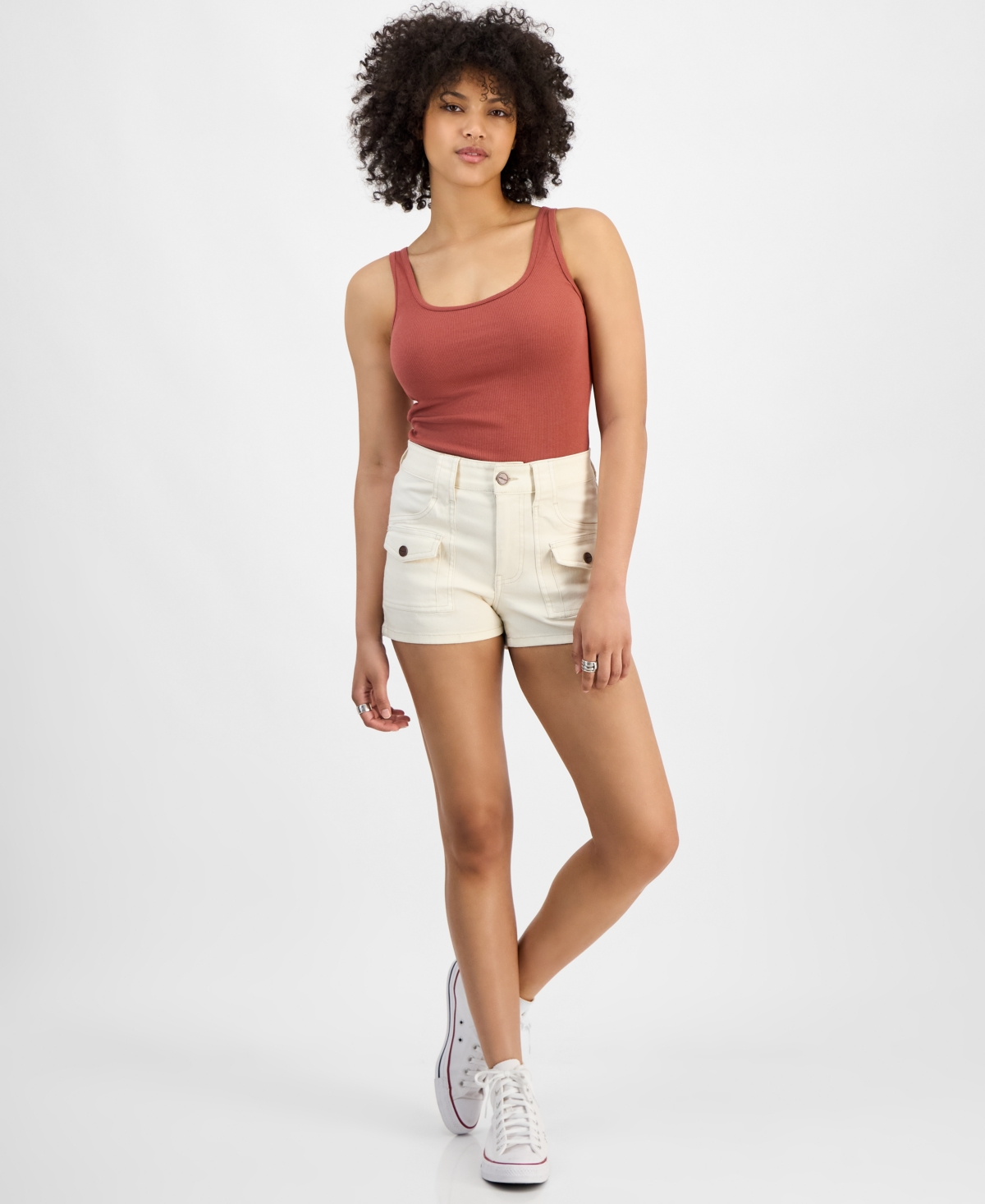 Juniors' High Rise Cargo Shorts - Vanilla