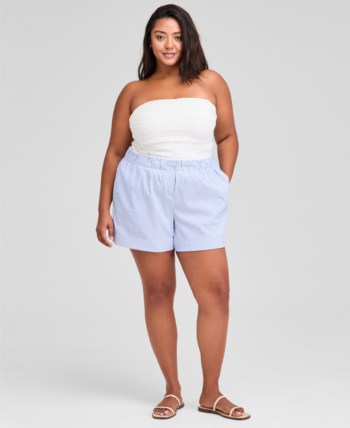 Trendy Plus Size High-Rise Boxer Shorts, Exclusively at Macy's - Blue Stripe