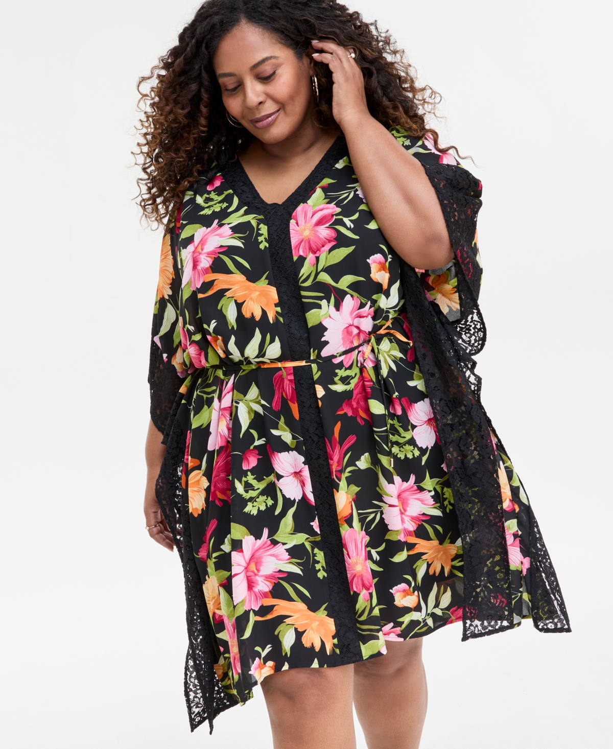 Jm Collection Plus Size Floral-printed Dress, Exclusively At Macy's In Deep Black