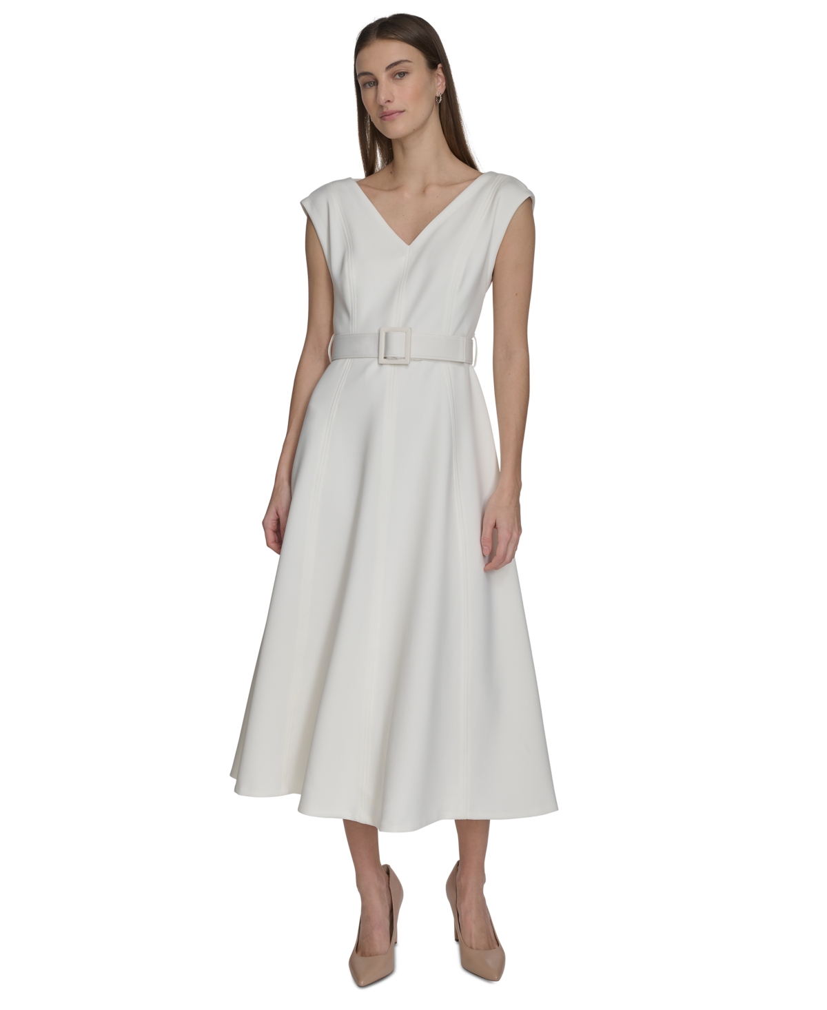 Calvin Klein Women's V-neck Belted A-line Scuba Dress In Cream