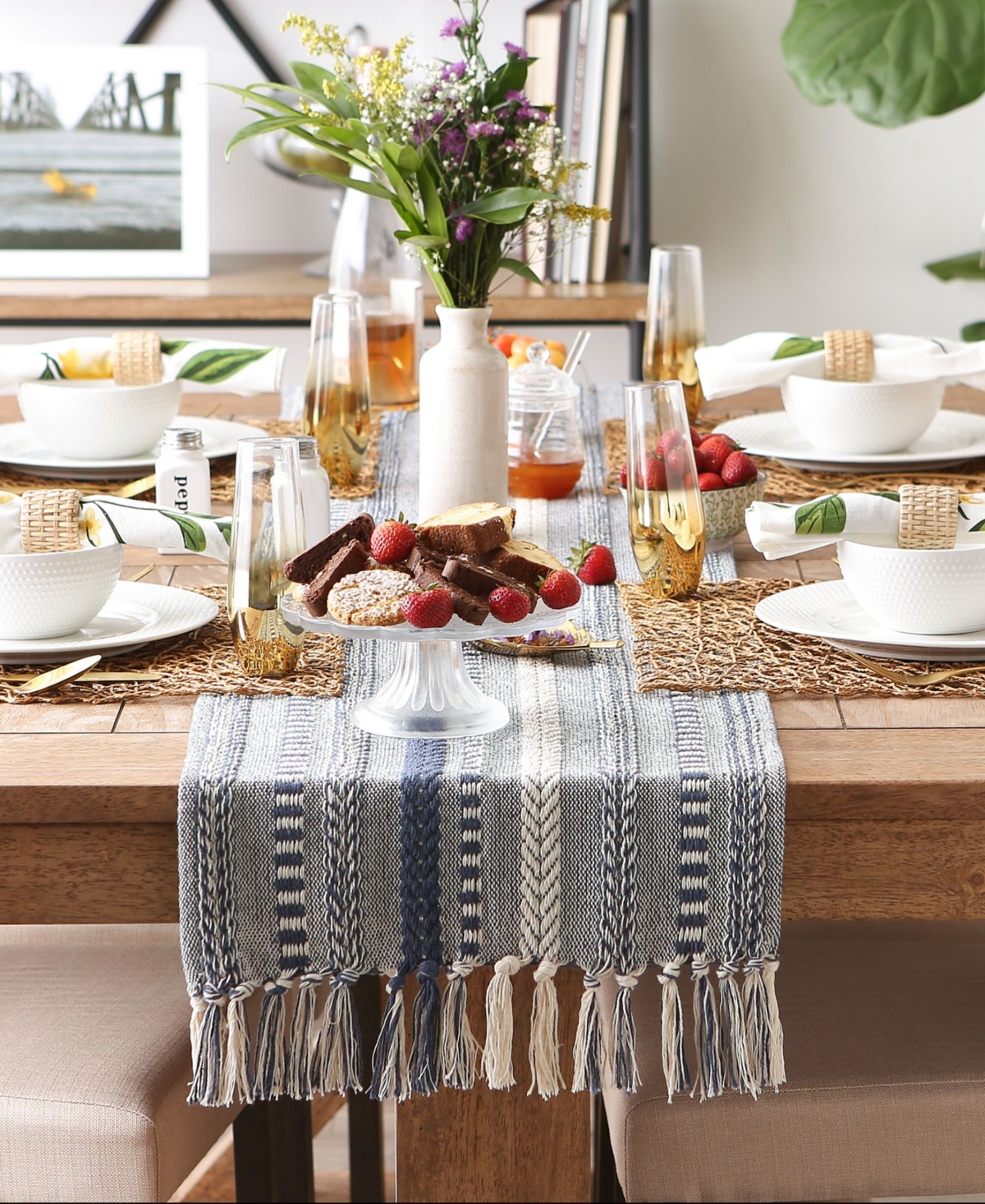 Design Imports Braided Stripe Jacquard Fringe Table Runner, 15" X 108" In French Blue