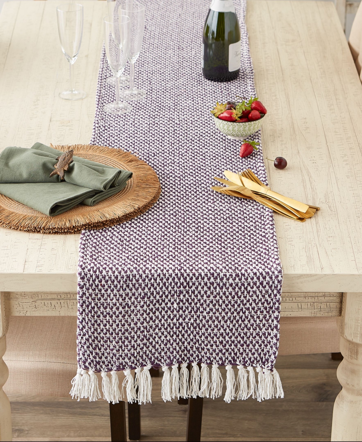 Design Imports Woven Jacquard Fringe Table Runner, 15" X 72" In Eggplant