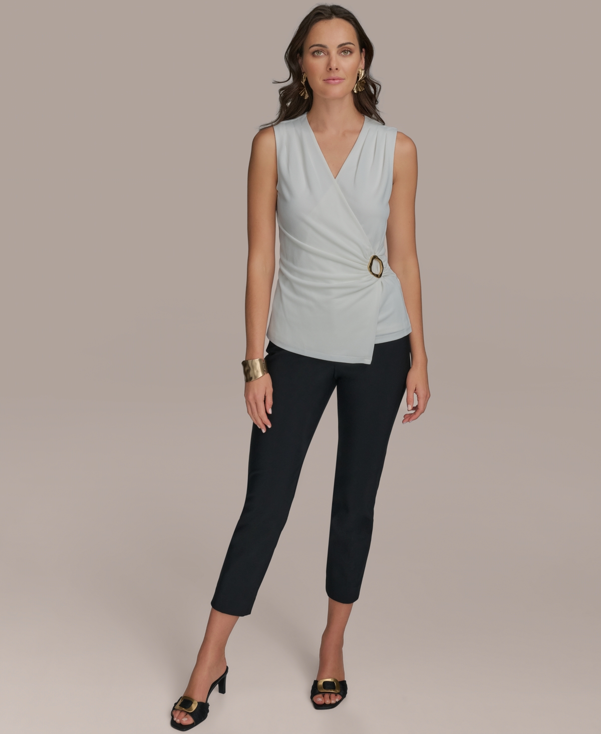 Shop Donna Karan Women's Sleeveless V-neck Faux-wrap Top In Cream