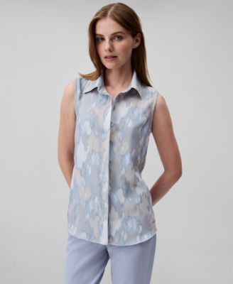 Calvin Klein - Women's Sleeveless Printed Button-Down Blouse